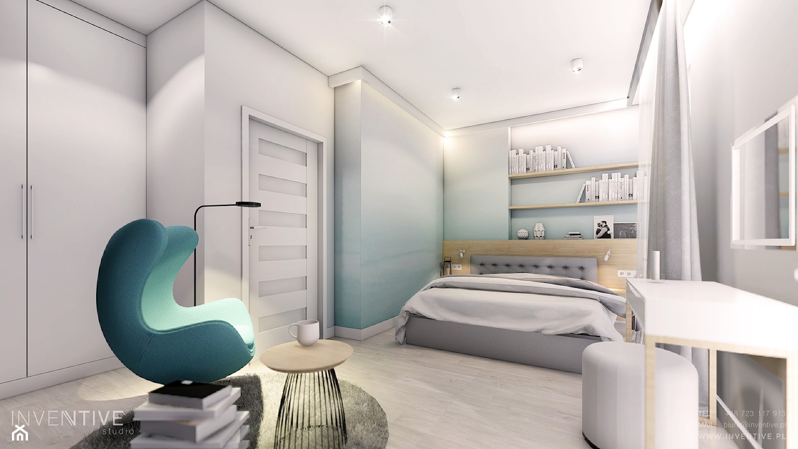 KOBYŁKA - Duża biała niebieska szara sypialnia, styl nowoczesny - zdjęcie od INVENTIVE studio - Homebook