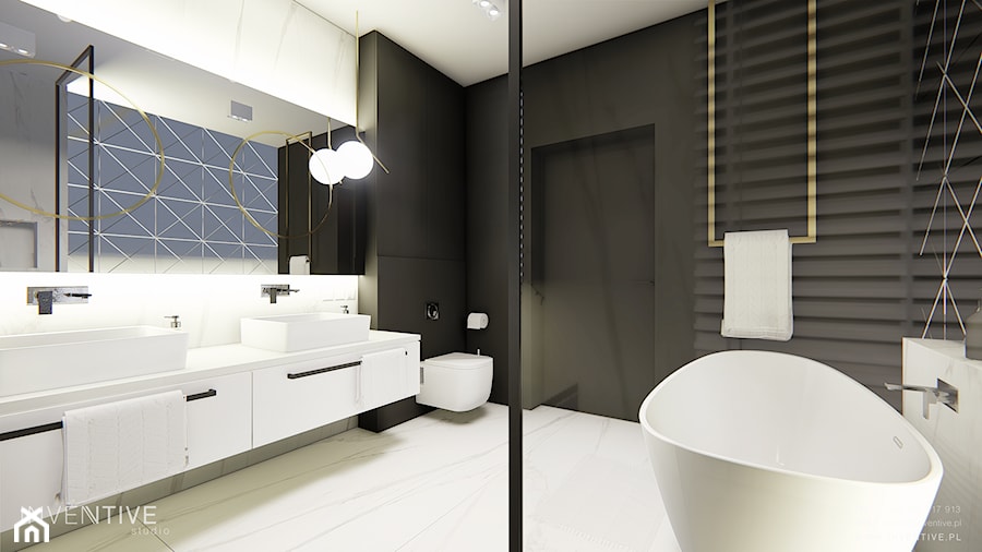 MAKÓW MAZOWIECKI - Średnia bez okna z lustrem z dwoma umywalkami z marmurową podłogą z punktowym oświetleniem łazienka, styl nowoczesny - zdjęcie od INVENTIVE studio