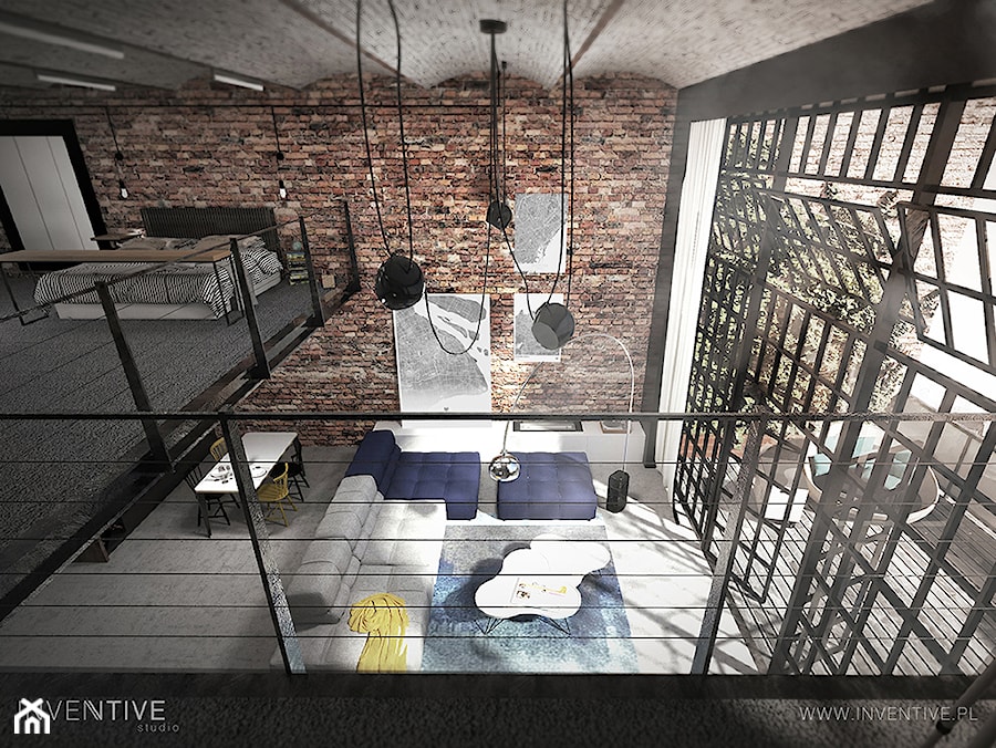 LOFTOWO INDUSTRIALNIE - Średni czarny salon z antresolą, styl industrialny - zdjęcie od INVENTIVE studio