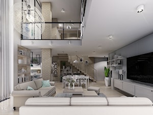 MIESZKANIE URSUS - dwa poziomy - Duży biały szary salon z kuchnią z jadalnią z tarasem / balkonem z bibiloteczką, styl nowoczesny - zdjęcie od INVENTIVE studio