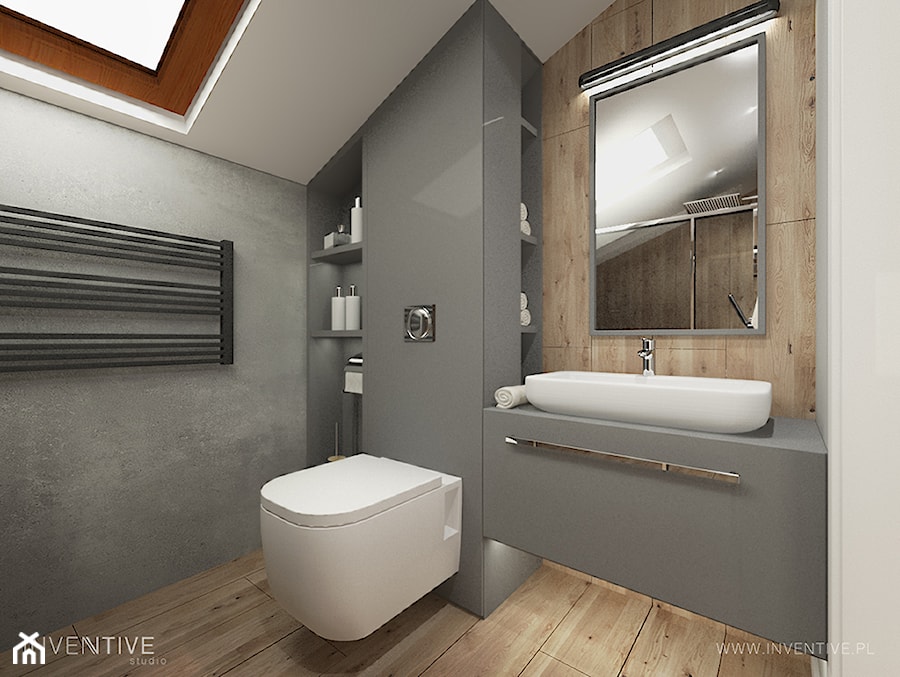 PROJEKT DOMU - Mała na poddaszu bez okna łazienka, styl nowoczesny - zdjęcie od INVENTIVE studio