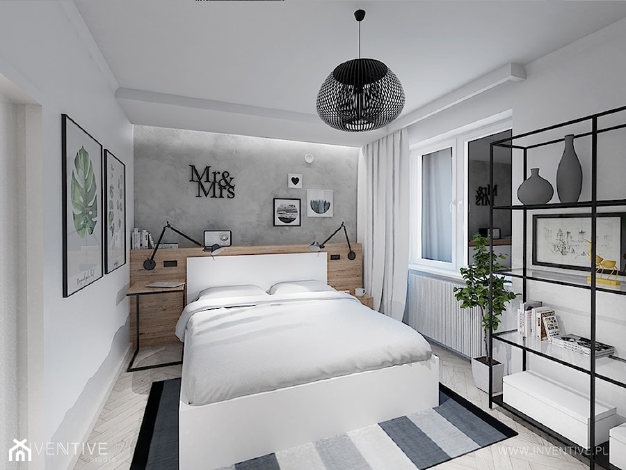 INDUSTRIALNIE - Mała biała szara sypialnia, styl industrialny - zdjęcie od INVENTIVE studio