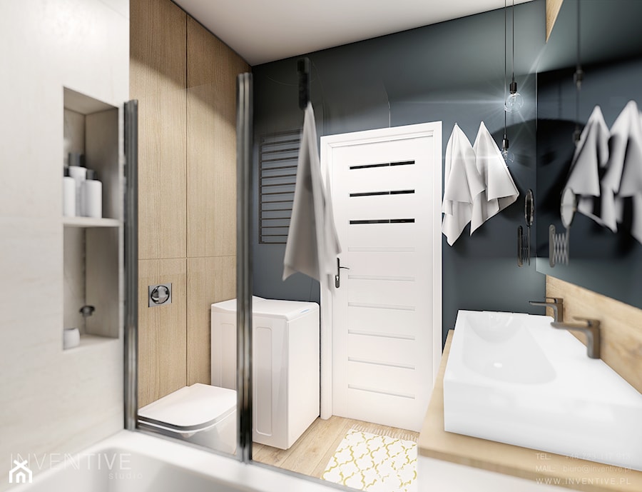 MIESZKANIE WOLA - Średnia bez okna z pralką / suszarką z lustrem z dwoma umywalkami łazienka, styl minimalistyczny - zdjęcie od INVENTIVE studio