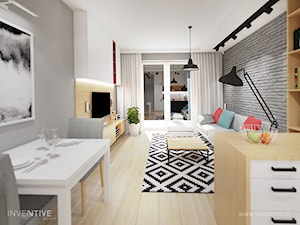 KONTRASTY - Średni szary salon z kuchnią z jadalnią, styl nowoczesny - zdjęcie od INVENTIVE studio