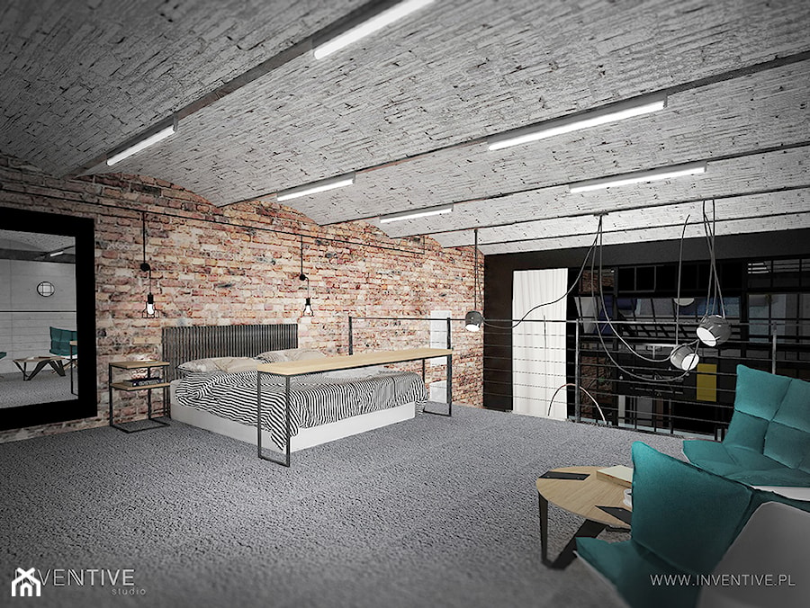 LOFTOWO INDUSTRIALNIE - Duża sypialnia na poddaszu na antresoli, styl industrialny - zdjęcie od INVENTIVE studio