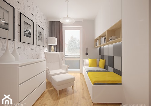 MIESZKANIE DWUPOZIOMOWE z miętowym akcentem - Mała biała szara sypialnia, styl nowoczesny - zdjęcie od INVENTIVE studio