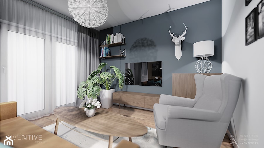 MIESZKANIE WOLA - Średni biały szary salon z tarasem / balkonem, styl skandynawski - zdjęcie od INVENTIVE studio