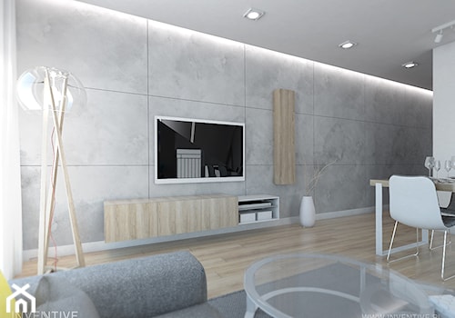 WESOŁY MINIMALIZM - Mały biały szary salon z jadalnią, styl minimalistyczny - zdjęcie od INVENTIVE studio