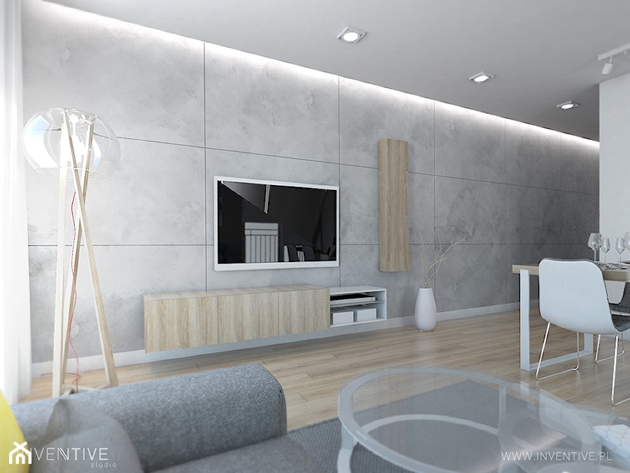 WESOŁY MINIMALIZM - Mały biały szary salon z jadalnią, styl minimalistyczny - zdjęcie od INVENTIVE studio