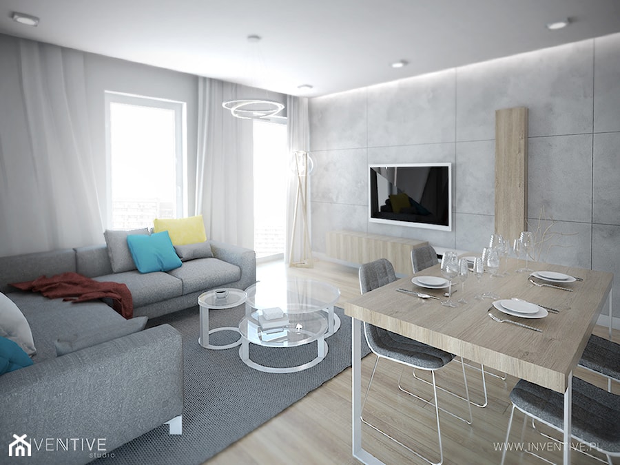WESOŁY MINIMALIZM - Średni biały salon z jadalnią, styl minimalistyczny - zdjęcie od INVENTIVE studio