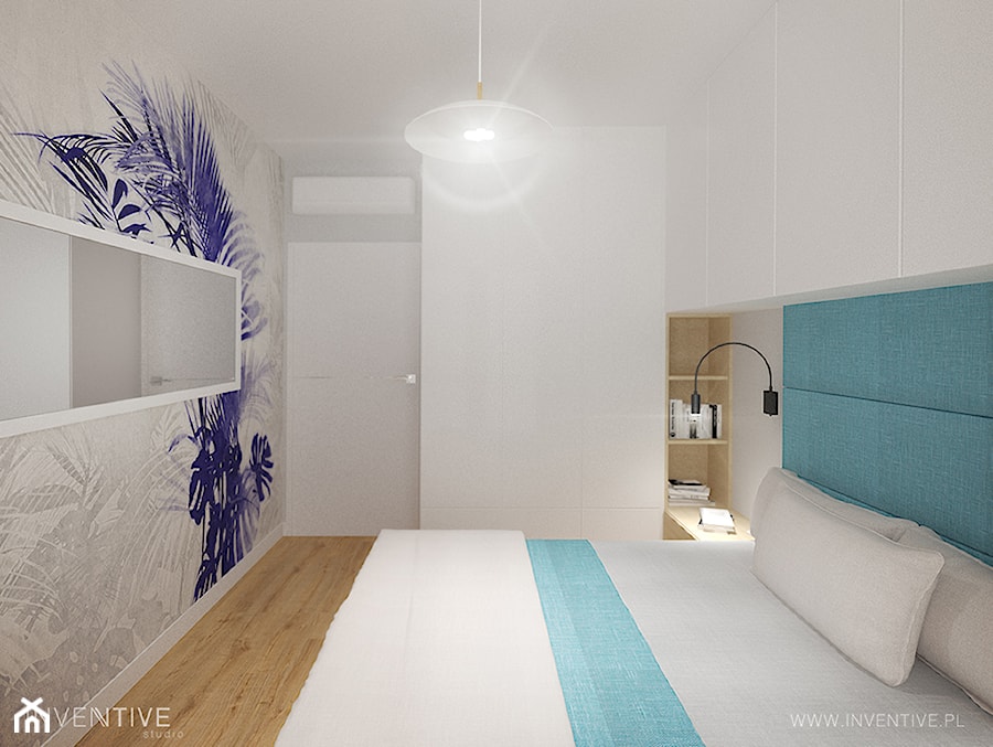 MIESZKANIE DWUPOZIOMOWE z miętowym akcentem - Średnia biała niebieska sypialnia, styl skandynawski - zdjęcie od INVENTIVE studio