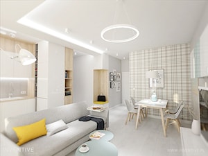 GEOMETRYCZNIE z pastelową nutą - Mały biały szary salon z kuchnią z jadalnią, styl nowoczesny - zdjęcie od INVENTIVE studio