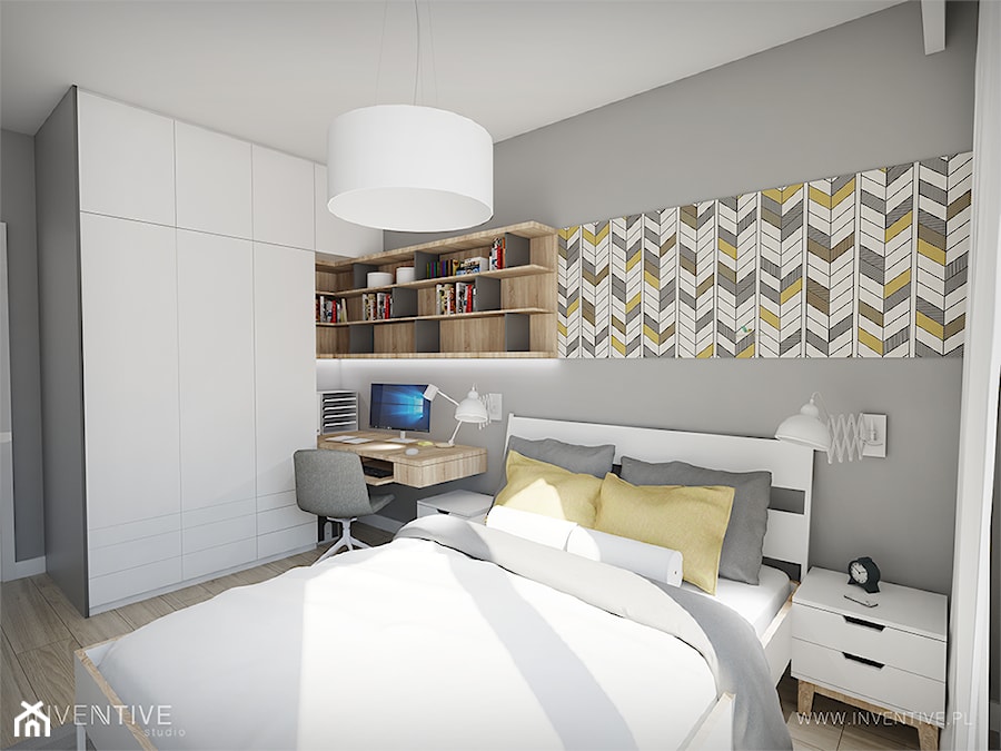 MĘSKI PUNKT WIDZENIA - Średnia szara z biurkiem sypialnia, styl minimalistyczny - zdjęcie od INVENTIVE studio