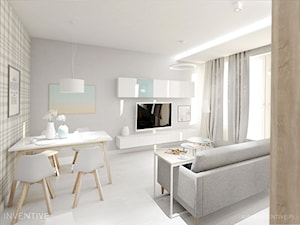 GEOMETRYCZNIE z pastelową nutą - Średni biały salon z jadalnią z tarasem / balkonem, styl nowoczesny - zdjęcie od INVENTIVE studio
