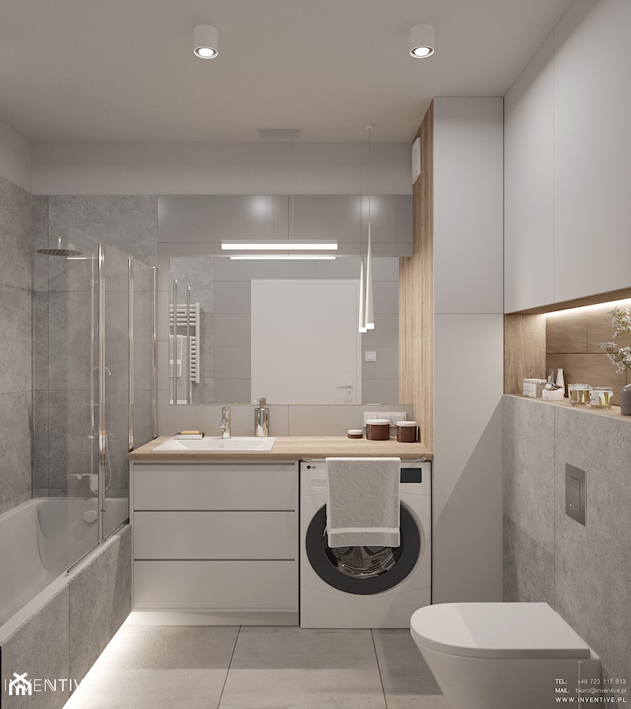 MARKI - Średnia bez okna z pralką / suszarką z punktowym oświetleniem łazienka, styl minimalistyczny - zdjęcie od INVENTIVE studio