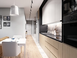 MIESZKANIE WOLA - Średnia otwarta z salonem z kamiennym blatem czarna szara z zabudowaną lodówką z nablatowym zlewozmywakiem kuchnia jednorzędowa, styl skandynawski - zdjęcie od INVENTIVE studio