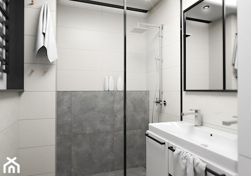MIESZKANIE 70m2 w Łodzi - Średnia na poddaszu bez okna z lustrem z dwoma umywalkami łazienka, styl minimalistyczny - zdjęcie od INVENTIVE studio