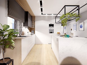 DOM POZNAŃ - Średnia otwarta z salonem szara z zabudowaną lodówką z lodówką wolnostojącą z nablatowym zlewozmywakiem kuchnia dwurzędowa z oknem, styl nowoczesny - zdjęcie od INVENTIVE studio