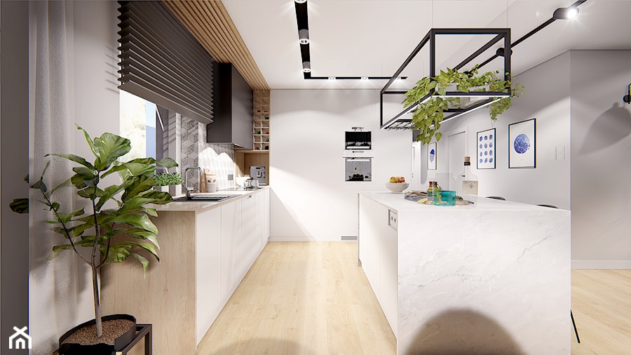 DOM POZNAŃ - Średnia otwarta z salonem szara z zabudowaną lodówką z lodówką wolnostojącą z nablatowym zlewozmywakiem kuchnia dwurzędowa z oknem, styl nowoczesny - zdjęcie od INVENTIVE studio
