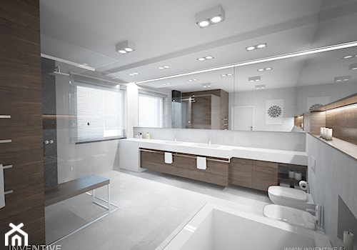 DREWNIANY AKECENT - Duża z lustrem z dwoma umywalkami łazienka z oknem, styl minimalistyczny - zdjęcie od INVENTIVE studio