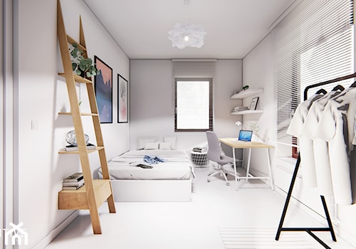 GDYNIA - Średnia biała szara z biurkiem sypialnia, styl minimalistyczny - zdjęcie od INVENTIVE studio