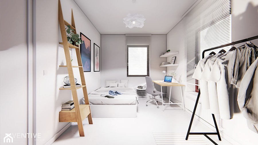 GDYNIA - Średnia biała szara z biurkiem sypialnia, styl minimalistyczny - zdjęcie od INVENTIVE studio