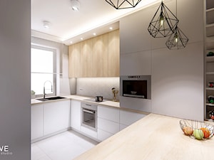 DOM BIAŁOŁĘKA - Średnia otwarta szara z zabudowaną lodówką z nablatowym zlewozmywakiem kuchnia w kształcie litery g z oknem, styl nowoczesny - zdjęcie od INVENTIVE studio