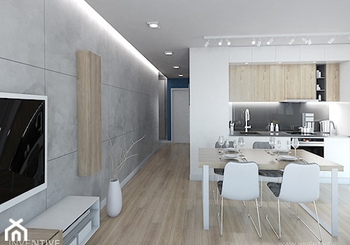 WESOŁY MINIMALIZM - Średnia otwarta z salonem z kamiennym blatem biała szara z zabudowaną lodówką z lodówką wolnostojącą z nablatowym zlewozmywakiem kuchnia jednorzędowa, styl minimalistyczny - zdjęcie od INVENTIVE studio