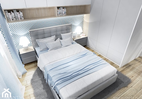 NIEBIESKA SZAROŚĆ - Średnia biała niebieska sypialnia, styl nowoczesny - zdjęcie od INVENTIVE studio