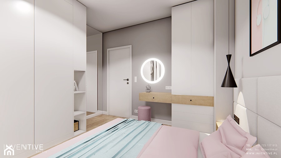 DOM BIAŁOŁĘKA - Średnia biała szara sypialnia, styl nowoczesny - zdjęcie od INVENTIVE studio