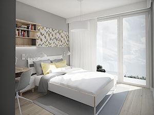 MĘSKI PUNKT WIDZENIA - Średnia szara z biurkiem sypialnia z balkonem / tarasem, styl minimalistyczny - zdjęcie od INVENTIVE studio