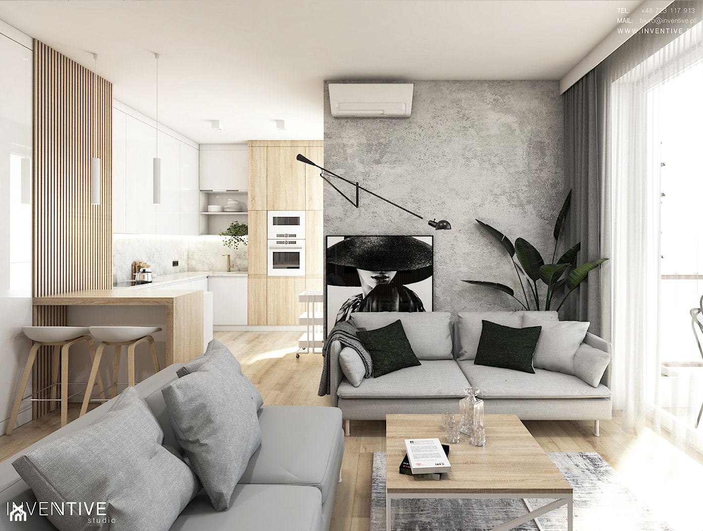 Żoli Żoli - Średni biały salon z kuchnią z jadalnią z tarasem / balkonem, styl minimalistyczny - zdjęcie od INVENTIVE studio - Homebook