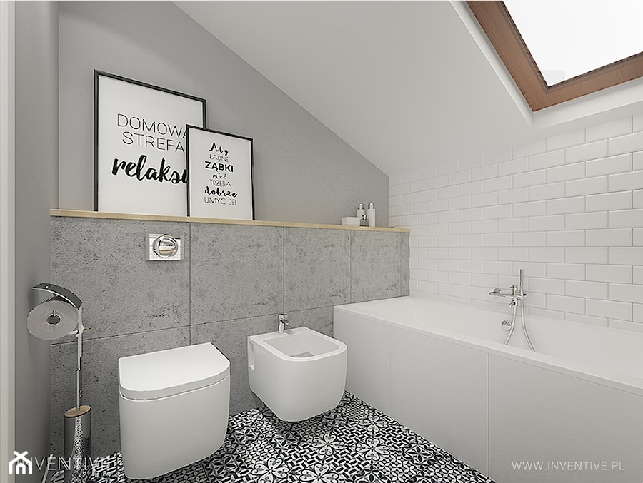PROJEKT DOMU - Mała na poddaszu łazienka z oknem, styl nowoczesny - zdjęcie od INVENTIVE studio