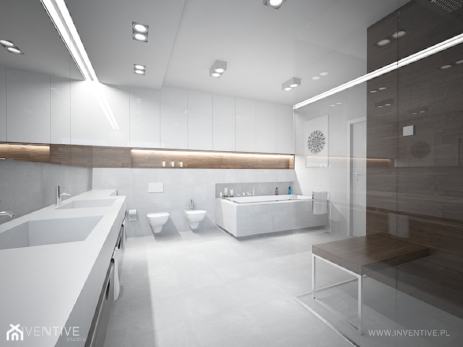 DREWNIANY AKECENT - Duża na poddaszu bez okna z lustrem z dwoma umywalkami łazienka, styl minimalistyczny - zdjęcie od INVENTIVE studio