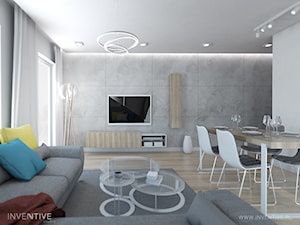 WESOŁY MINIMALIZM - Średni biały salon z jadalnią z tarasem / balkonem, styl minimalistyczny - zdjęcie od INVENTIVE studio