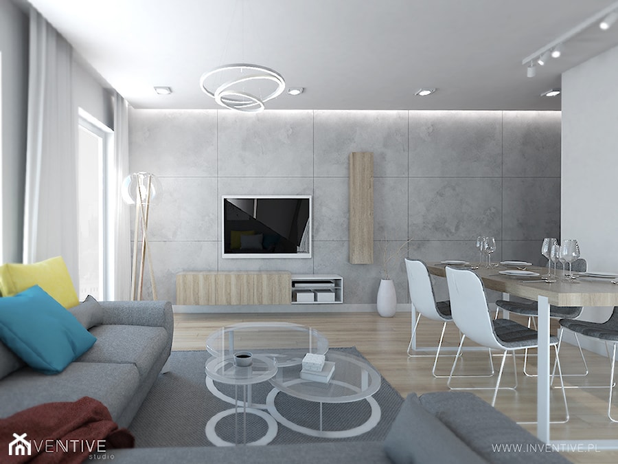 WESOŁY MINIMALIZM - Średni biały salon z jadalnią z tarasem / balkonem, styl minimalistyczny - zdjęcie od INVENTIVE studio
