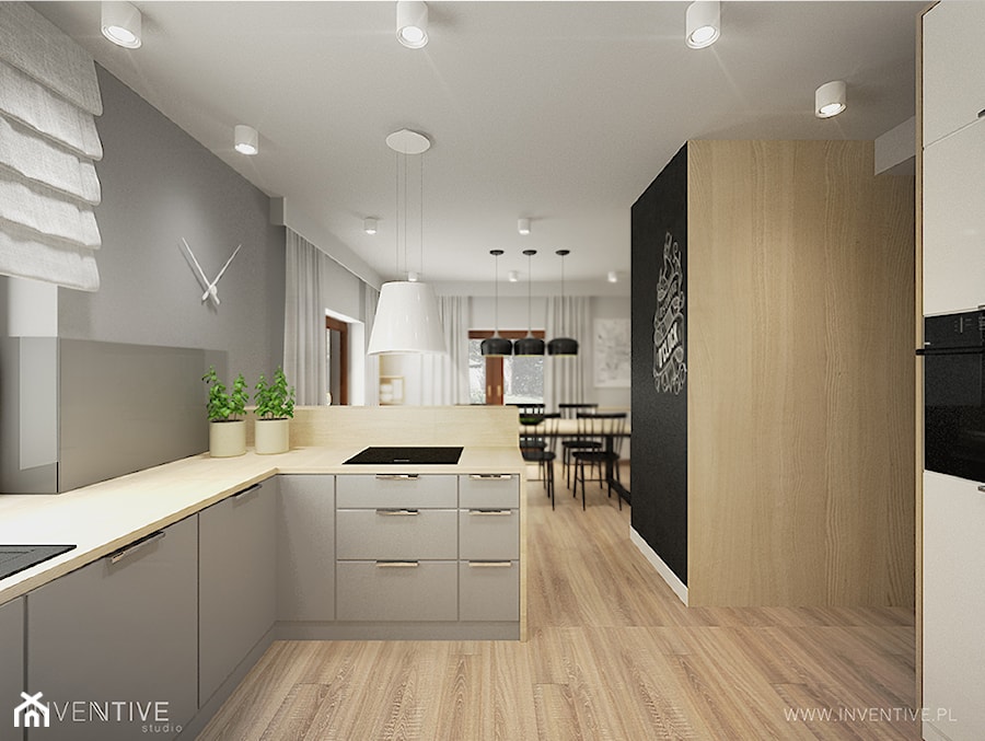 PROJEKT DOMU - Średnia otwarta z salonem szara z zabudowaną lodówką kuchnia w kształcie litery g, styl industrialny - zdjęcie od INVENTIVE studio