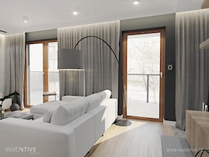 HARMONIJNIE - Średni szary salon z tarasem / balkonem, styl nowoczesny - zdjęcie od INVENTIVE studio