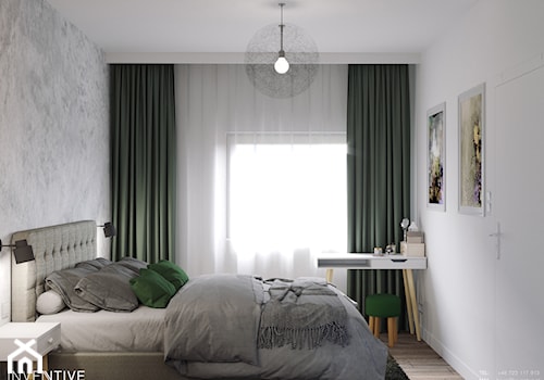 MARKI - Mała biała szara z biurkiem sypialnia, styl minimalistyczny - zdjęcie od INVENTIVE studio