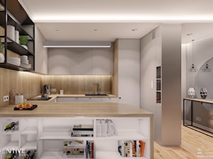 Ursynów - Średnia otwarta z salonem szara z zabudowaną lodówką z lodówką wolnostojącą z nablatowym zlewozmywakiem kuchnia w kształcie litery g, styl nowoczesny - zdjęcie od INVENTIVE studio