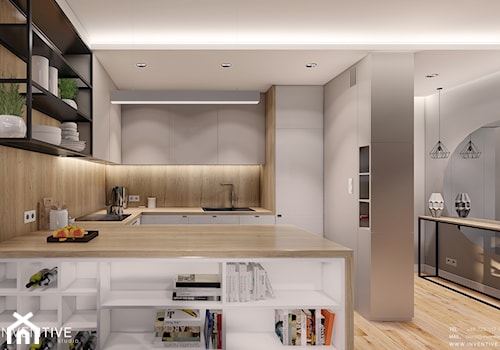 Ursynów - Średnia otwarta z salonem szara z zabudowaną lodówką z lodówką wolnostojącą z nablatowym zlewozmywakiem kuchnia w kształcie litery g, styl nowoczesny - zdjęcie od INVENTIVE studio