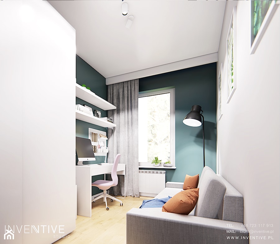 WARSZAWA URSYNÓW - Średnie w osobnym pomieszczeniu z sofą białe zielone biuro, styl nowoczesny - zdjęcie od INVENTIVE studio
