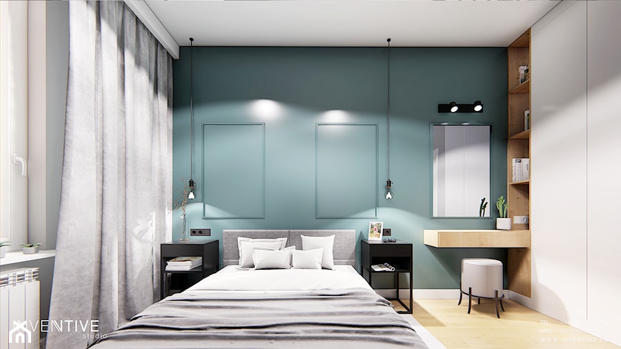WARSZAWA URSYNÓW - Średnia zielona z biurkiem sypialnia, styl nowoczesny - zdjęcie od INVENTIVE studio