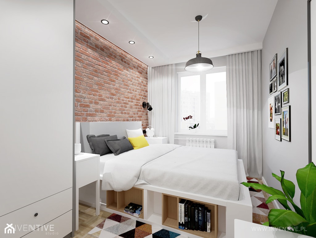 RETRO AKCENTY - Mała beżowa biała sypialnia, styl nowoczesny - zdjęcie od INVENTIVE studio - Homebook