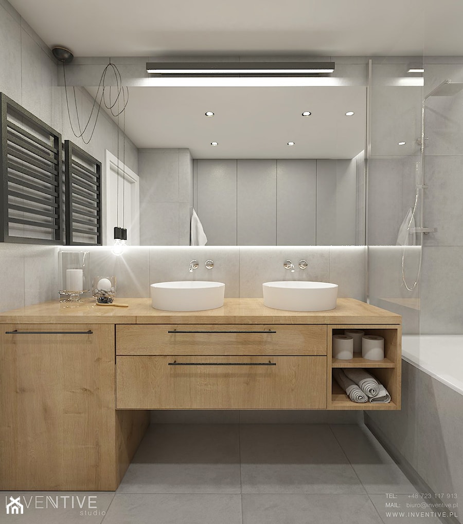 WARSZAWA ŻOLIBORZ - Średnia bez okna z lustrem z dwoma umywalkami z punktowym oświetleniem łazienka, styl nowoczesny - zdjęcie od INVENTIVE studio