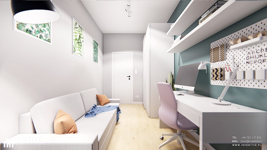 WARSZAWA URSYNÓW - Małe w osobnym pomieszczeniu z sofą szare zielone biuro, styl nowoczesny - zdjęcie od INVENTIVE studio