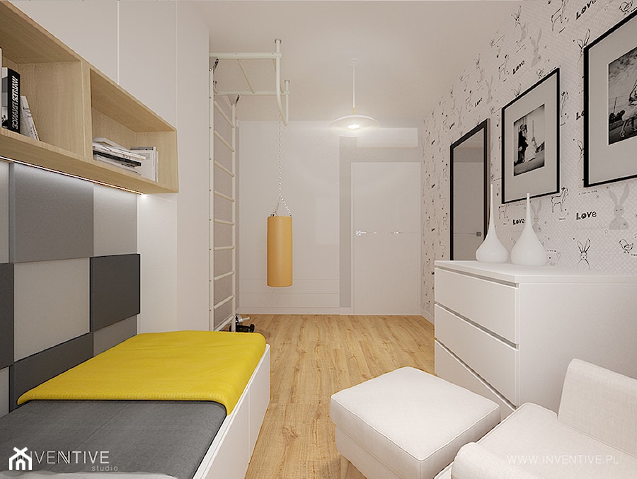 MIESZKANIE DWUPOZIOMOWE z miętowym akcentem - Duża biała szara sypialnia, styl nowoczesny - zdjęcie od INVENTIVE studio