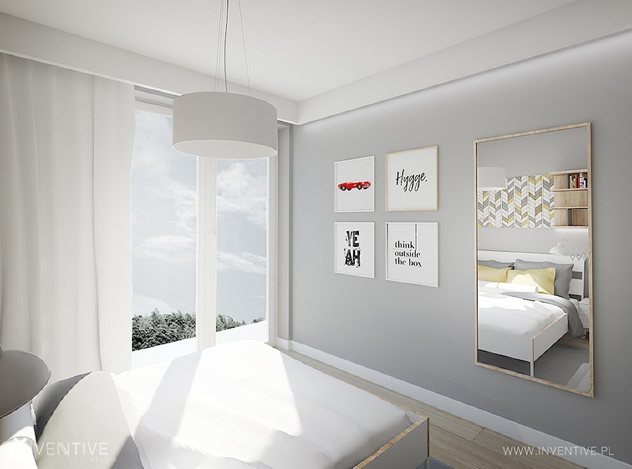 MĘSKI PUNKT WIDZENIA - Mała szara sypialnia z balkonem / tarasem, styl minimalistyczny - zdjęcie od INVENTIVE studio