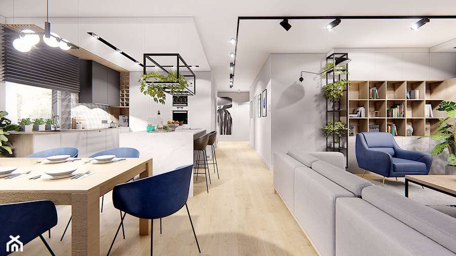 DOM POZNAŃ - Średni biały szary salon z kuchnią z jadalnią z bibiloteczką, styl nowoczesny - zdjęcie od INVENTIVE studio