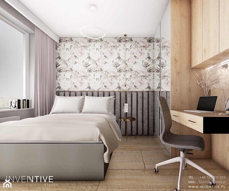 WARSZAWA 36m2 - Średnia beżowa szara z biurkiem sypialnia, styl glamour - zdjęcie od INVENTIVE studio